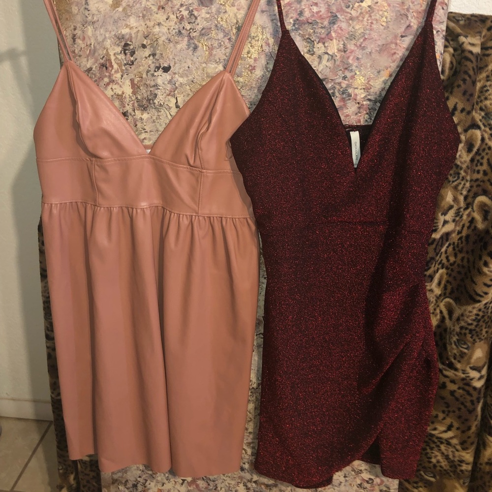 Faux Leather Salmon Dress&Deep V Red Glitter Dress